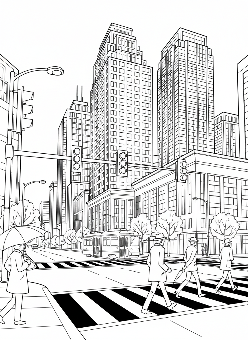 Downtown Charlotte street scene with tall buildings, a crosswalk, traffic lights, and people walking on the sidewalk.
