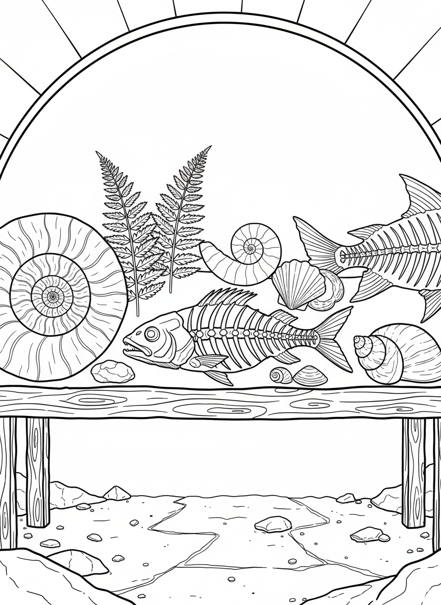 A collection of different fossil shapes including shells, ferns, and ancient fish bones arranged on a display table