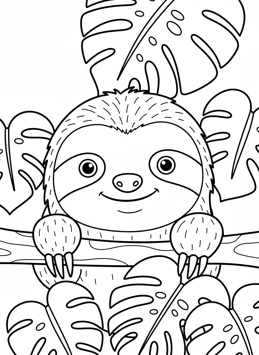 Close-up of a happy sloth face peeking through large monstera leaves, simple and cute design perfect for young children