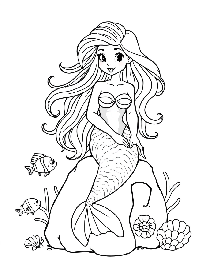 A beautiful mermaid with flowing hair, sitting on a rock in the ocean, surrounded by friendly fish and seashells.