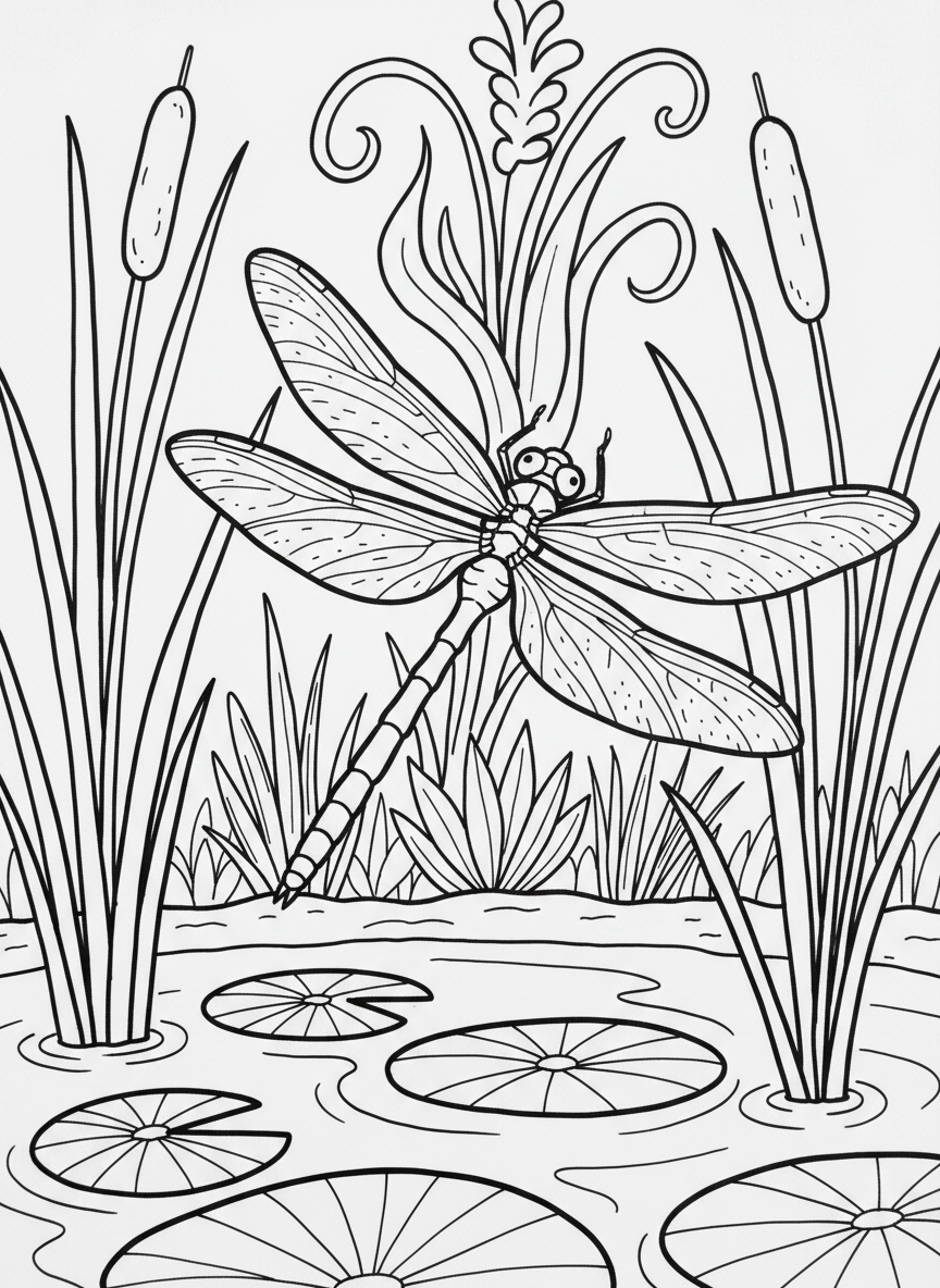 A dragonfly hovering over a pond with lily pads and cattails, showing its long body and delicate wings in flight.