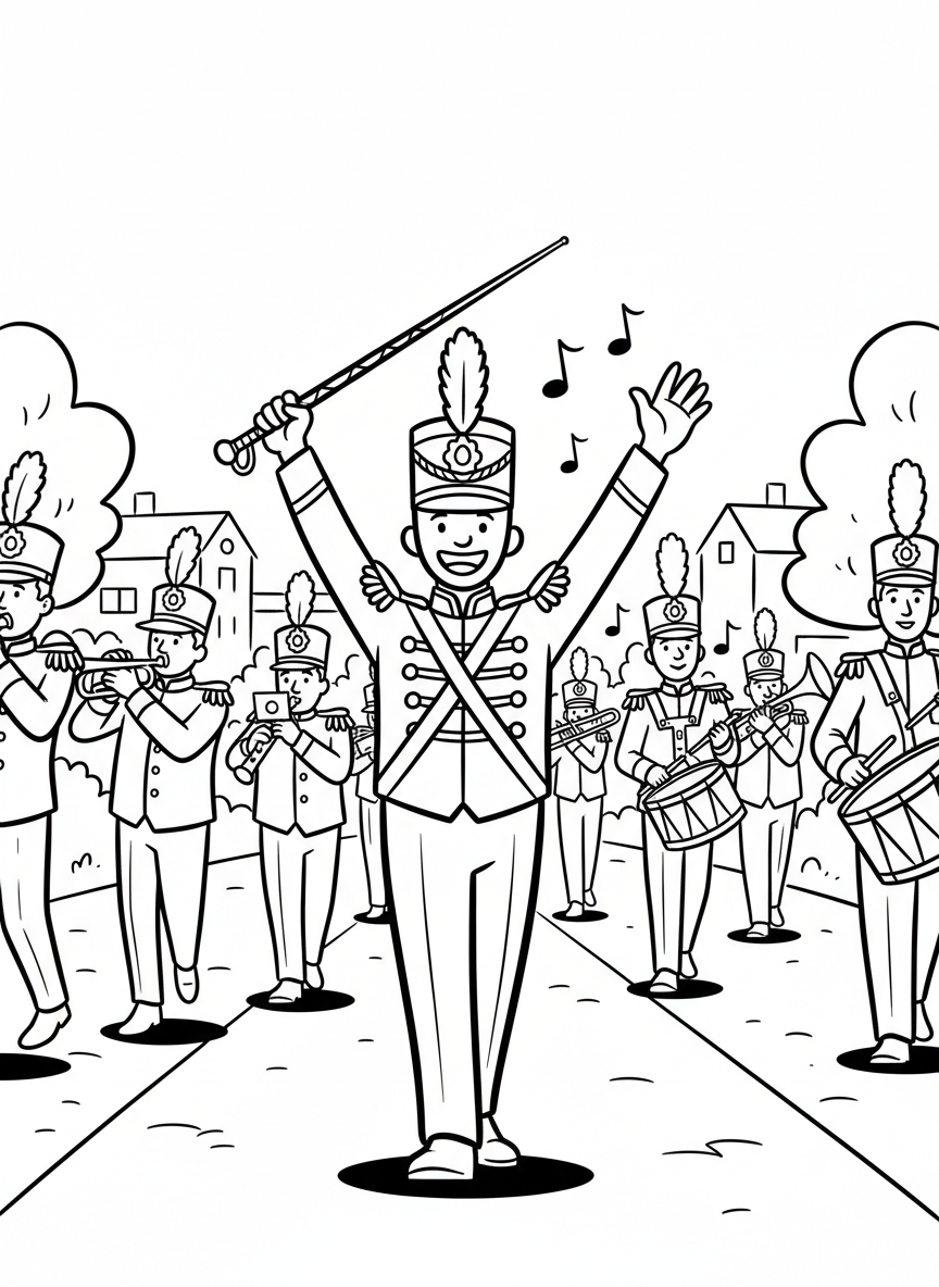 A cheerful drum major in a tall hat leading a marching band, holding a baton high in the air with a big smile.