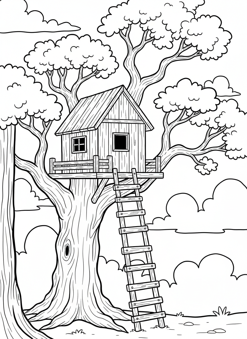 A simple treehouse with a wooden ladder and a small window, nestled in a large oak tree with fluffy clouds in the background.