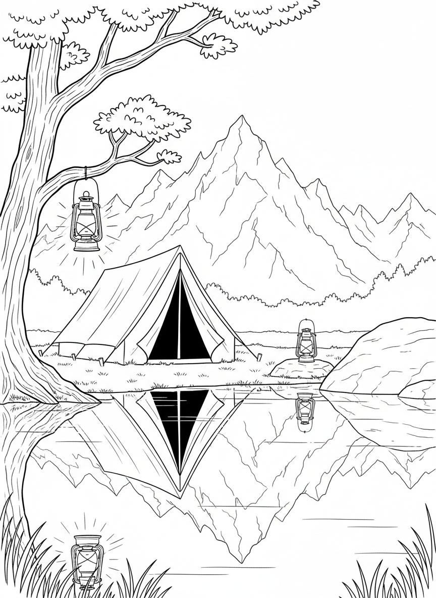 A camping scene beside a lake with a tent pitched near the water, lanterns glowing softly, and mountains reflected in the calm surface.