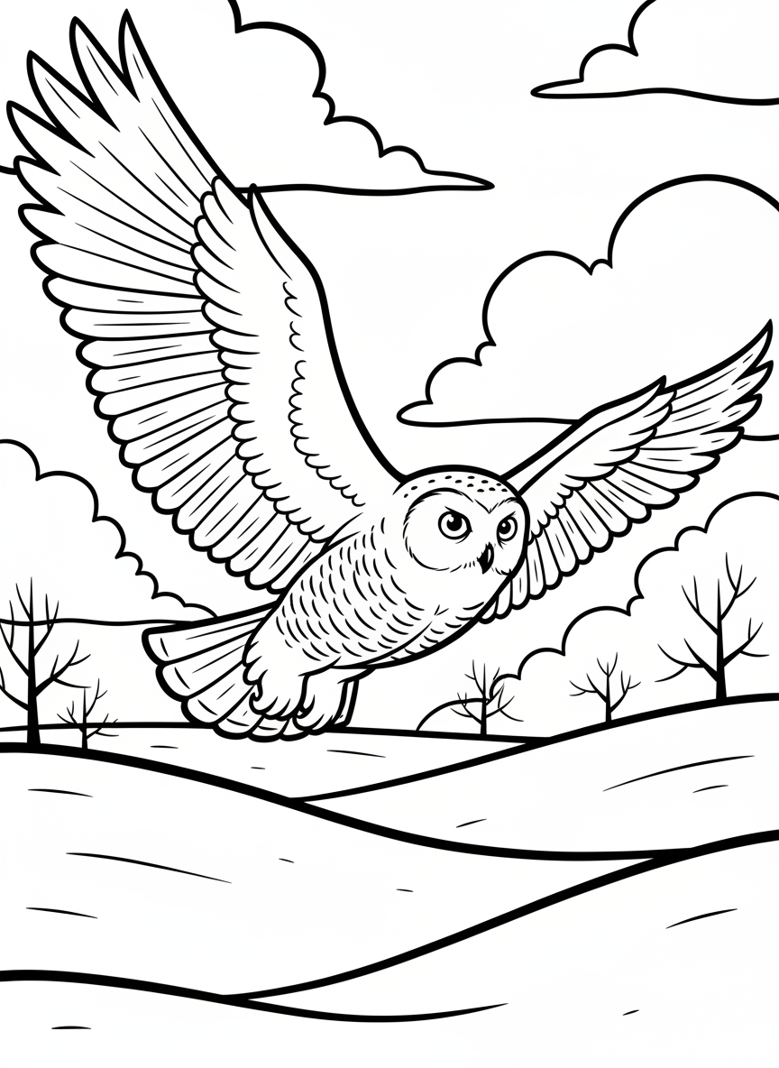 A snowy owl in flight with wings spread wide, soaring over a simple arctic landscape with snow-covered hills
