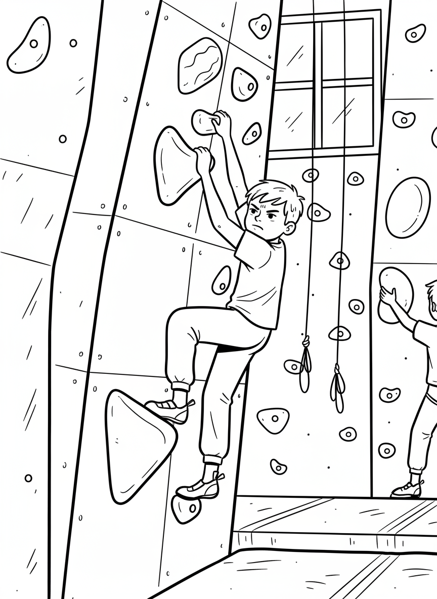 A child rock climbing on an indoor climbing wall, reaching for colorful holds, determined expression and athletic challenge.