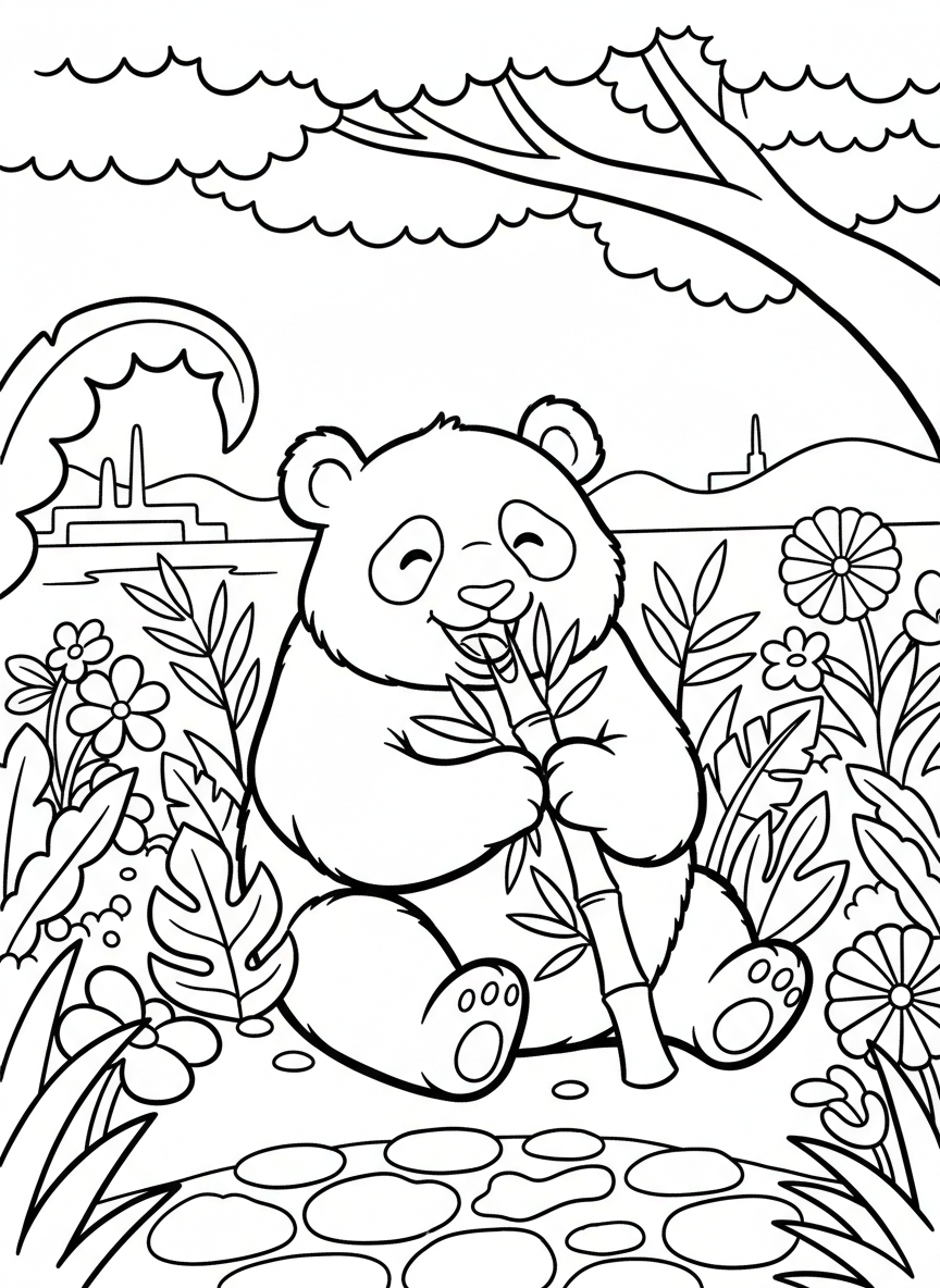 A cute panda bear munching bamboo at the San Diego Zoo with tropical plants and flowers surrounding it, simple shapes