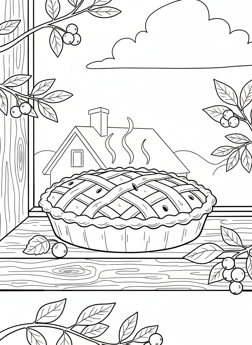 A pie with a lattice crust top, sitting on a windowsill with steam rising, and a few berries decorating the scene.