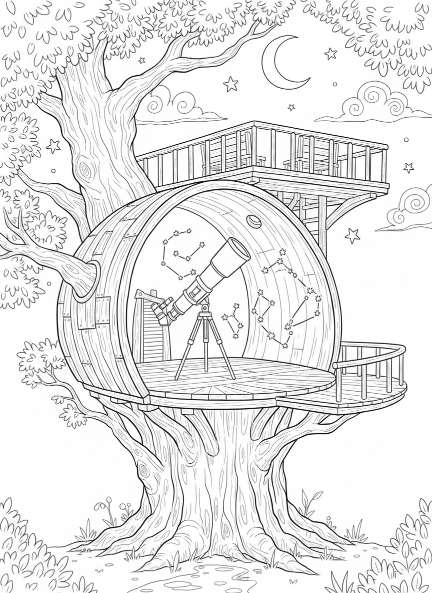 Treehouse observation deck with a telescope, star chart on the wall, and a rooftop platform for stargazing at night.