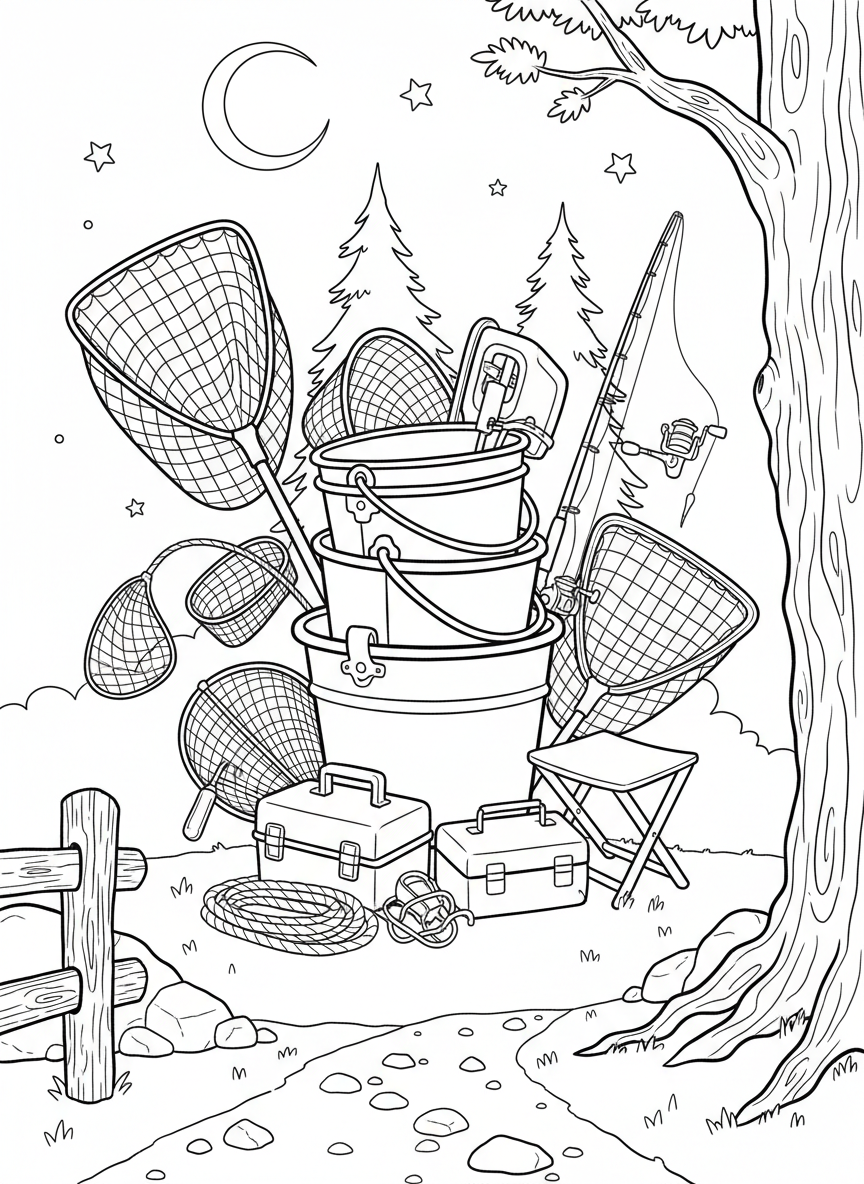 Three different sized buckets stacked together with various nets and tools tucked inside, ready for adventure