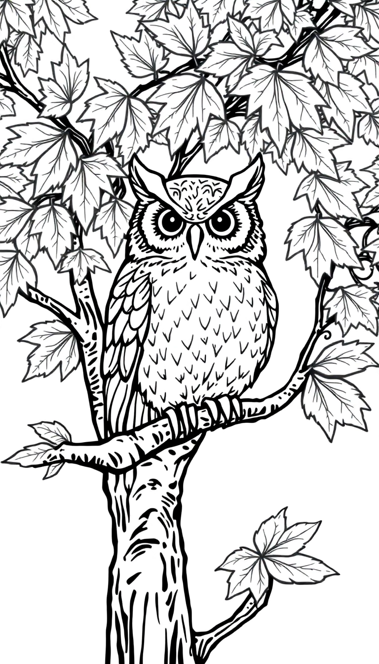  A wise owl perched on a branch of a maple tree with vibrant leaves.