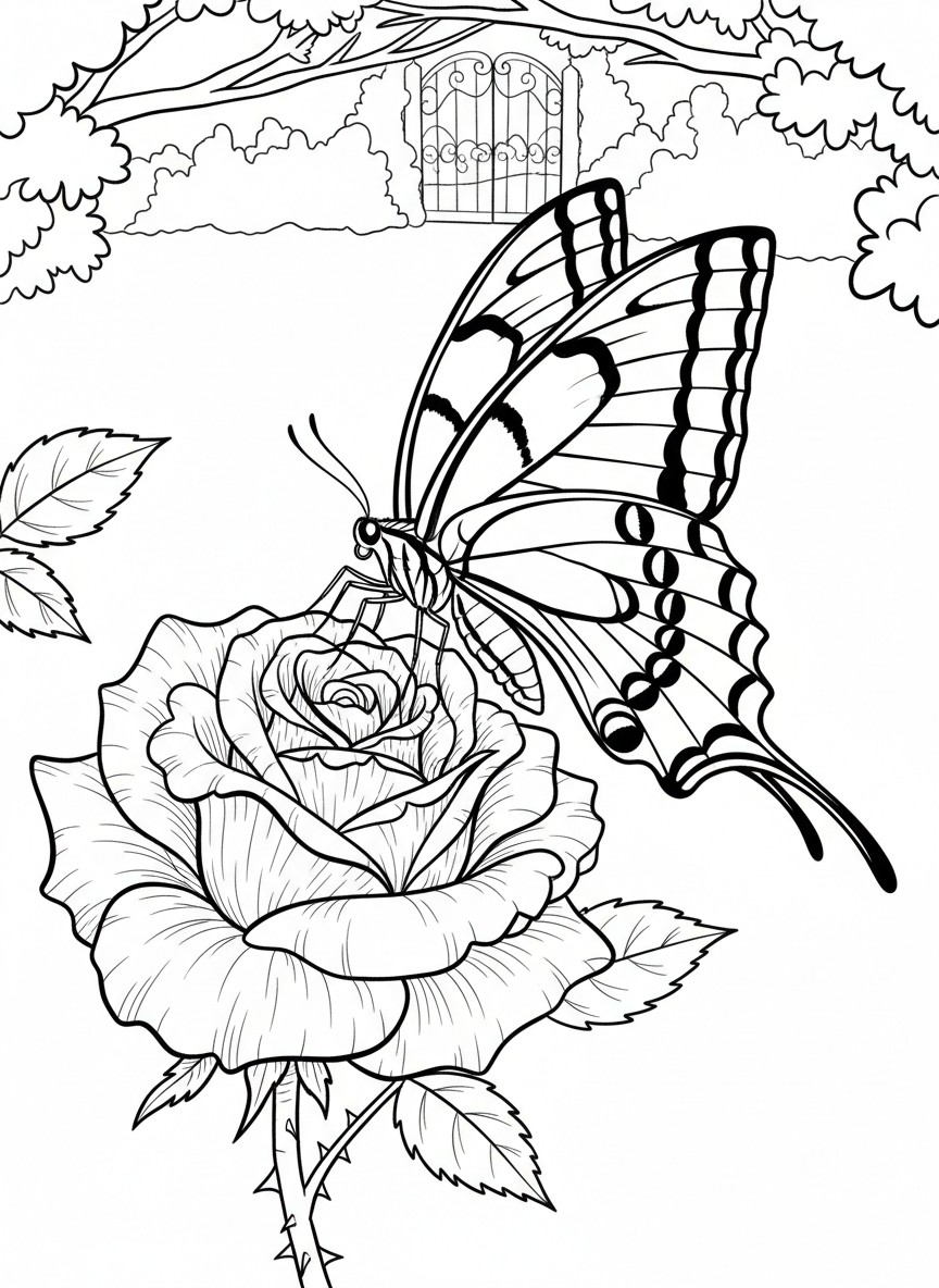 Close-up of a swallowtail butterfly with elegant tail wings perched on a rose, showing intricate wing details and flower petals.