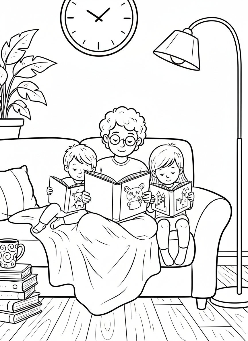 A family reading books together on a couch, with a parent in the middle and children snuggled on either side.