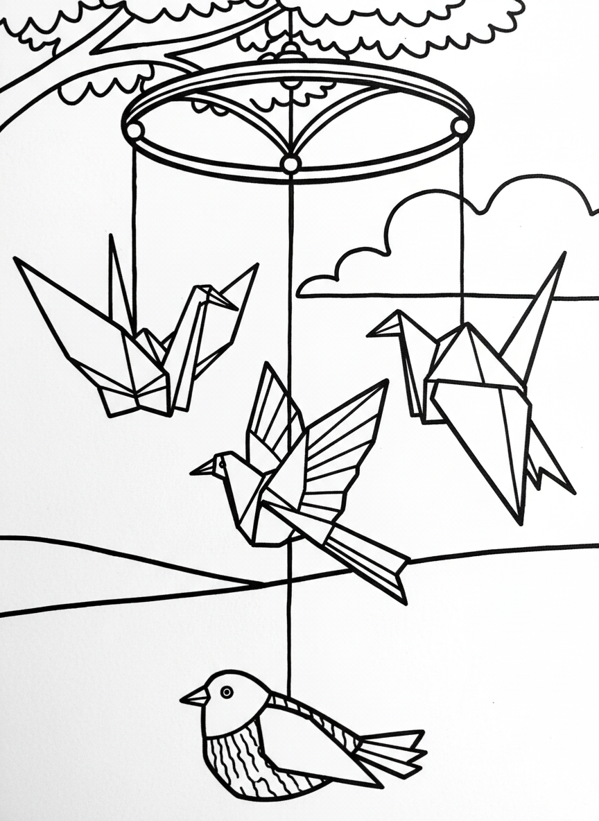 A whimsical origami bird mobile with four different birds hanging at various heights, connected by strings and showing different fold techniques.