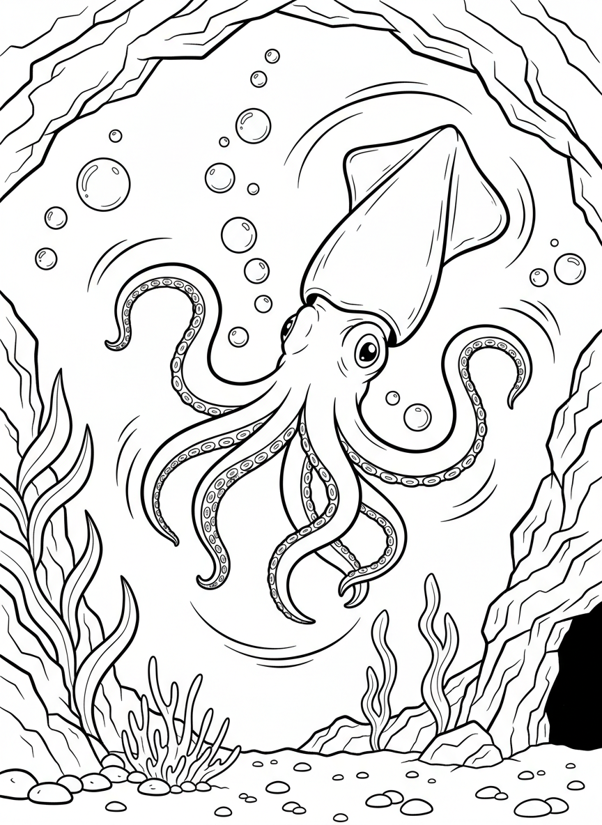A playful squid doing loops and spirals in the water with motion lines and bubbles, dynamic composition