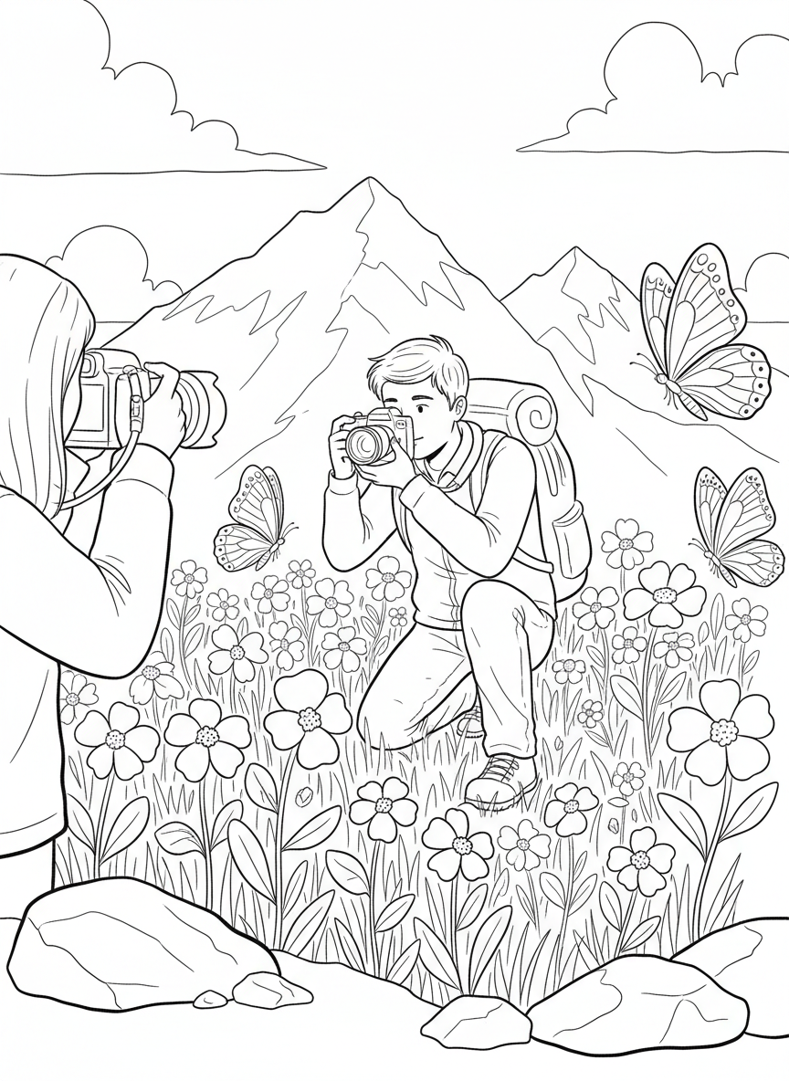 A young hiker photographing wildflowers with a camera, surrounded by a colorful alpine meadow with butterflies flying around.