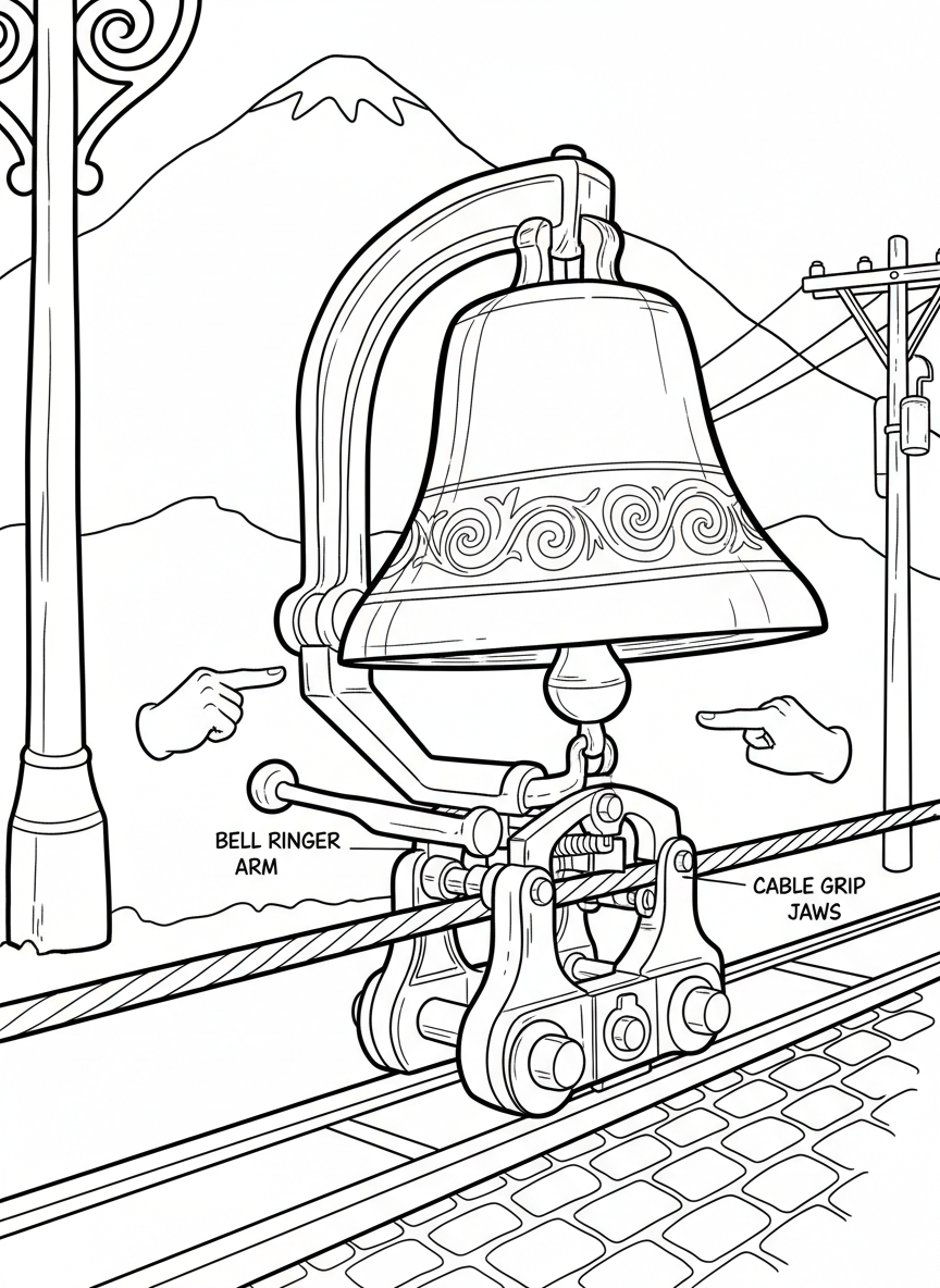 Close-up of a cable car bell and grip mechanism with decorative details, educational mechanical drawing for curious kids.