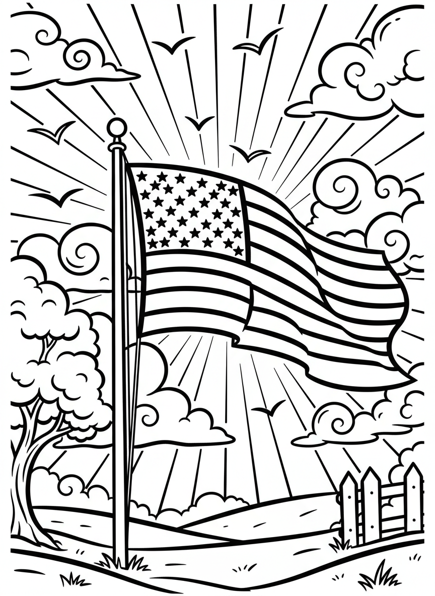 The American flag waving proudly on a flagpole with clouds, sun rays, and birds flying in a peaceful sky scene