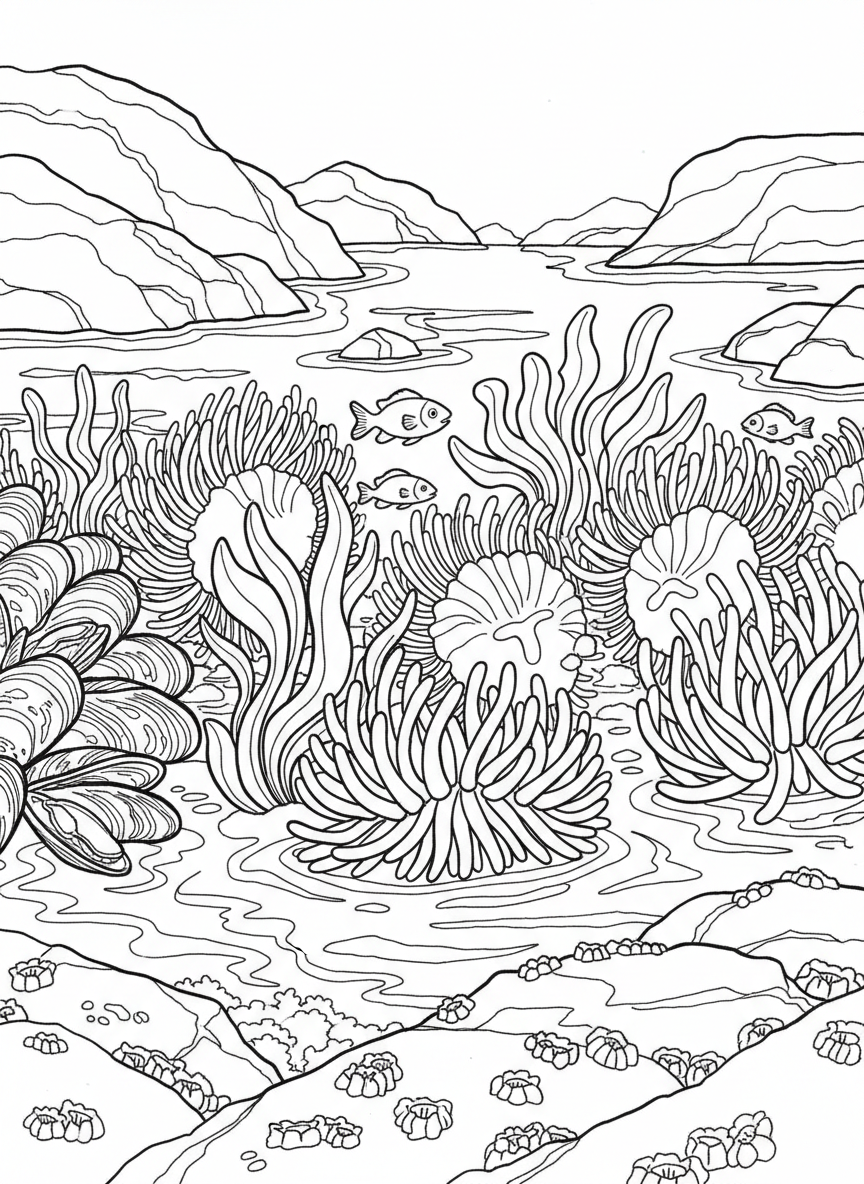 A tide pool scene from above showing sea anemones, small fish, mussels, and seaweed all visible in the shallow water