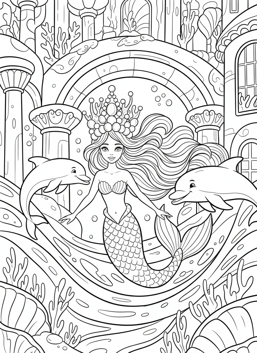 A mermaid princess wearing a crown made of pearls and coral, swimming with dolphins in an underwater palace.