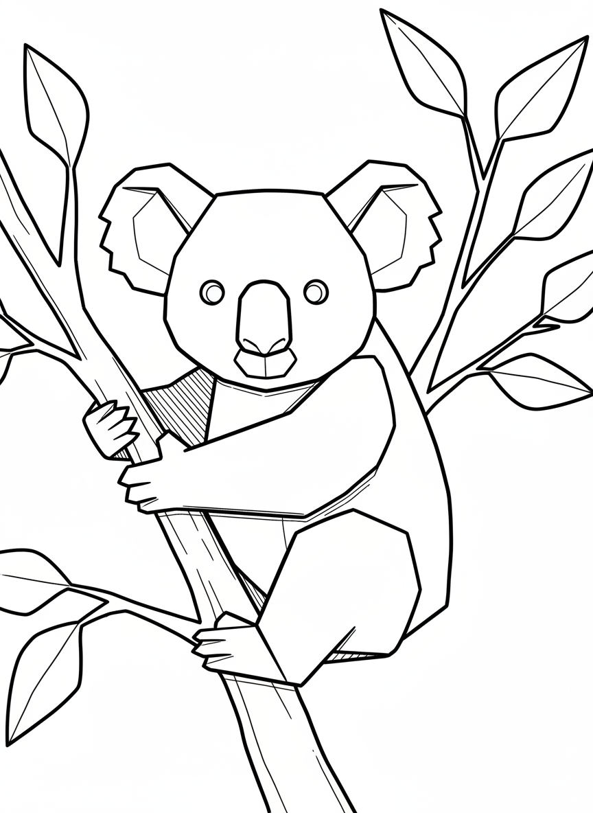 An origami koala clinging to a simple eucalyptus branch, with rounded geometric ears and folded paws hugging the tree