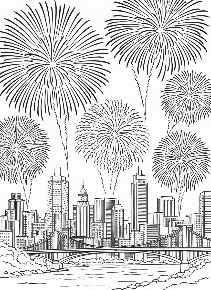 Fireworks bursting in the night sky above a city skyline, celebrating the Labor Day holiday weekend.