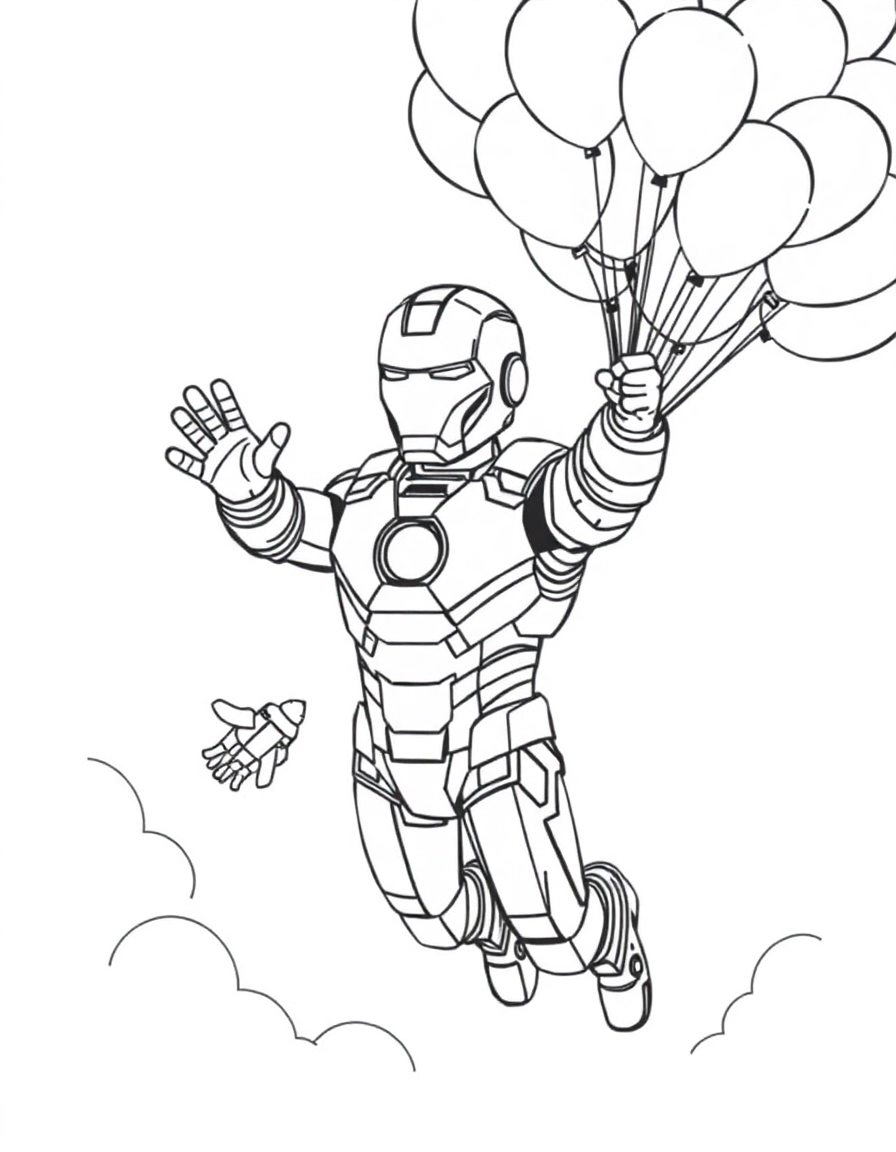 Iron Man floats holding colorful balloons with helmet open, balloons filling the sky, and soft clouds around, realistic and in the style of Iron Man.