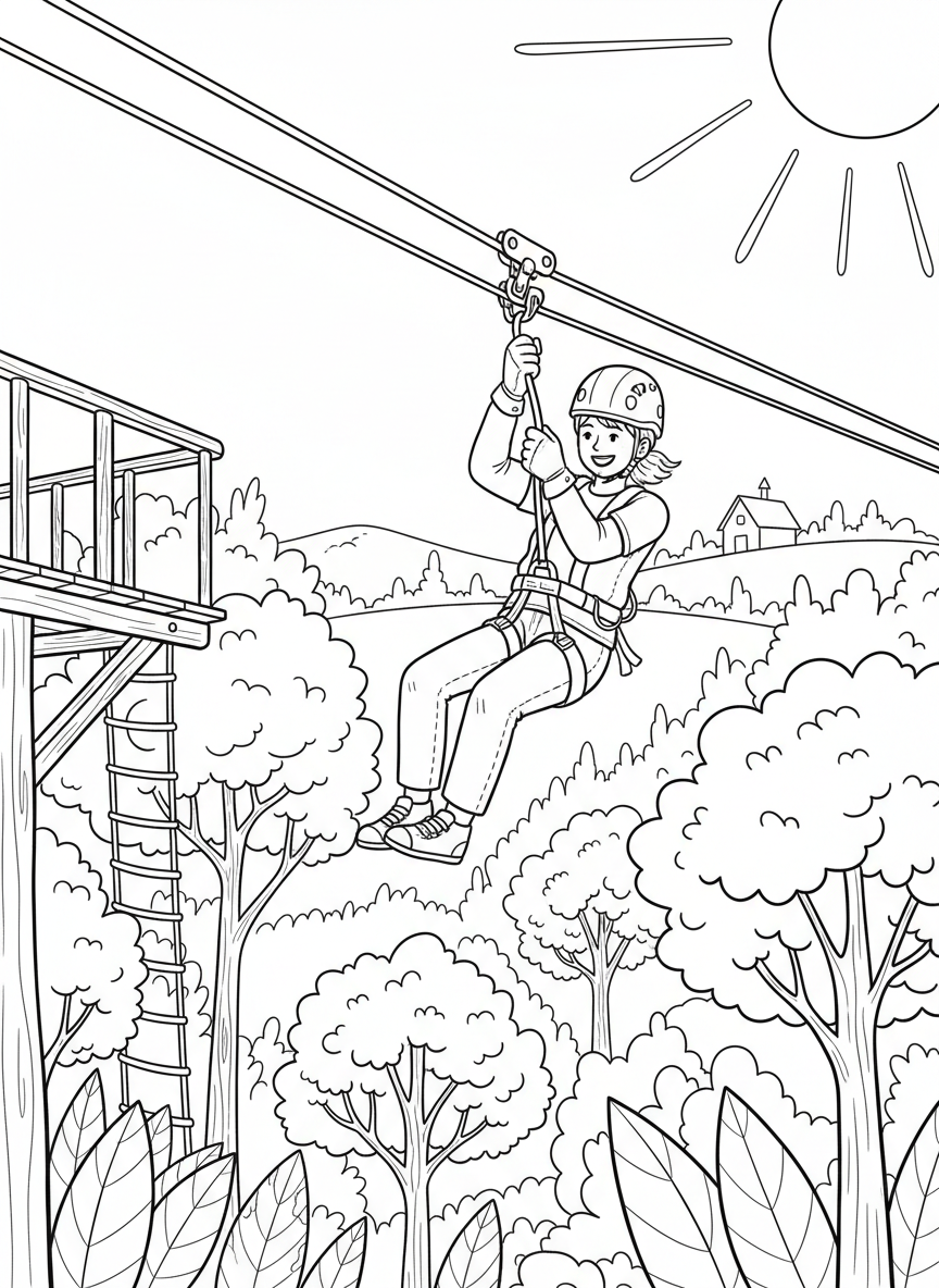 A zip-line adventure scene at an outdoor center with a person gliding through the air above treetops, wearing safety gear and smiling.