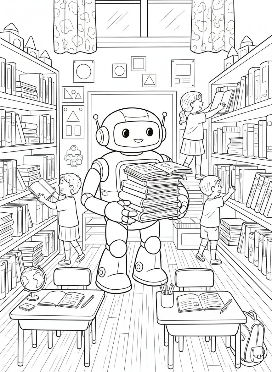 A friendly robot helping children organize books in a classroom filled with shelves, desks, and colorful learning materials.