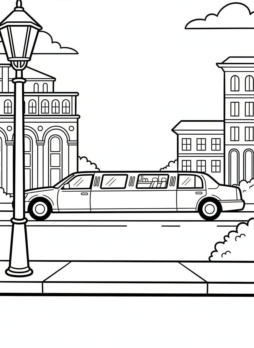 A luxury limousine stretched extra long with multiple windows, driving past fancy buildings and street lamps