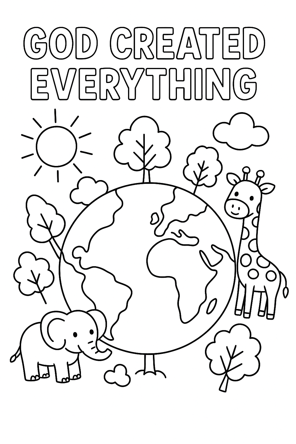 Create a bright Earth with sun, clouds, trees, and animals around it. Add the text “God created everything” in outlined letters at the top.