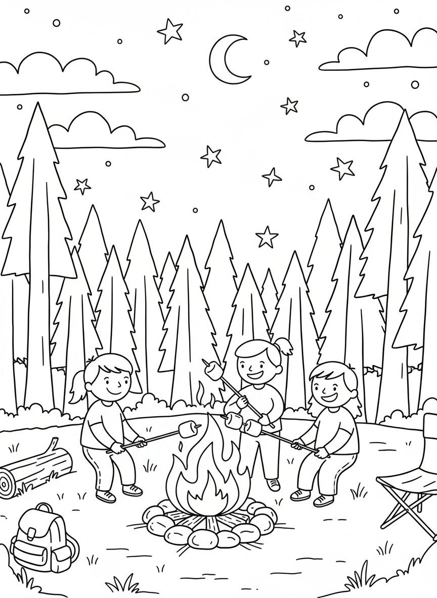 A nighttime camping scene with kids roasting marshmallows around a campfire while stars fill the sky above the forest clearing.