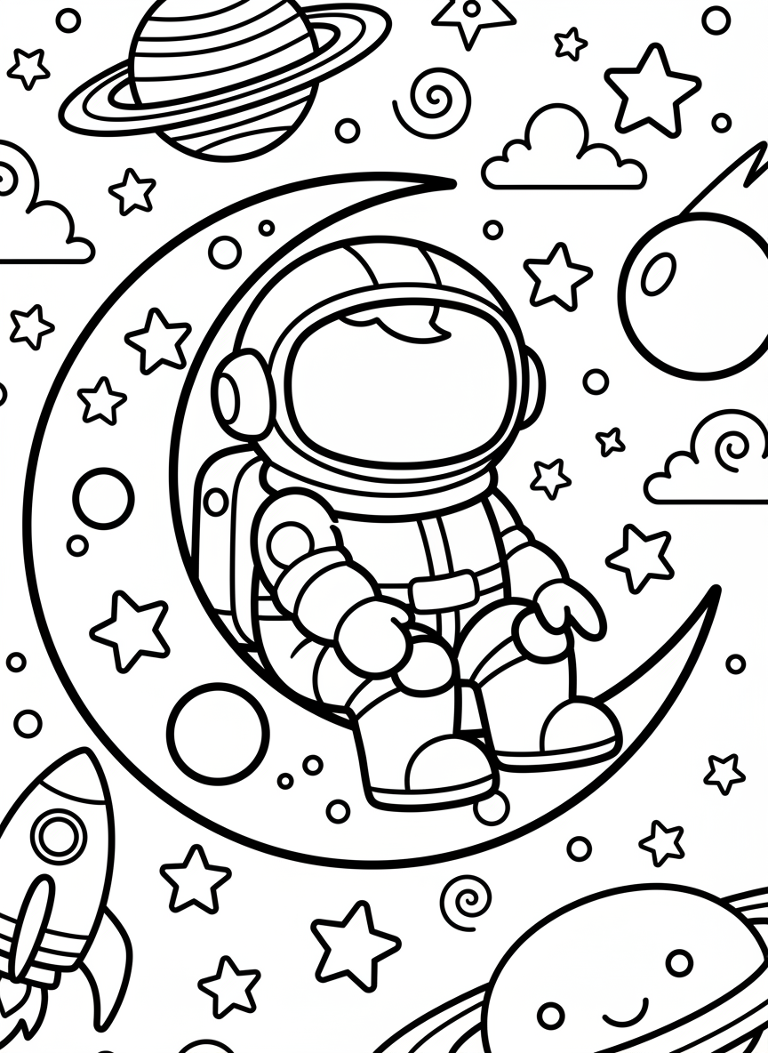 A baby astronaut in an oversized spacesuit sitting on a crescent moon, cute and simple design for toddlers