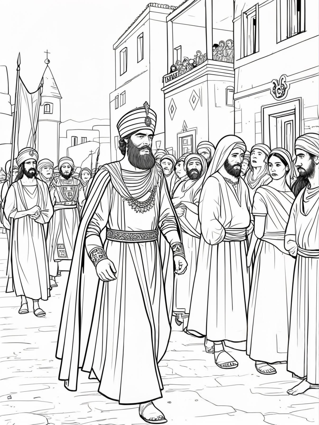 The emperor walking in a parade wearing his new clothes with townspeople watching, simple story scene outline