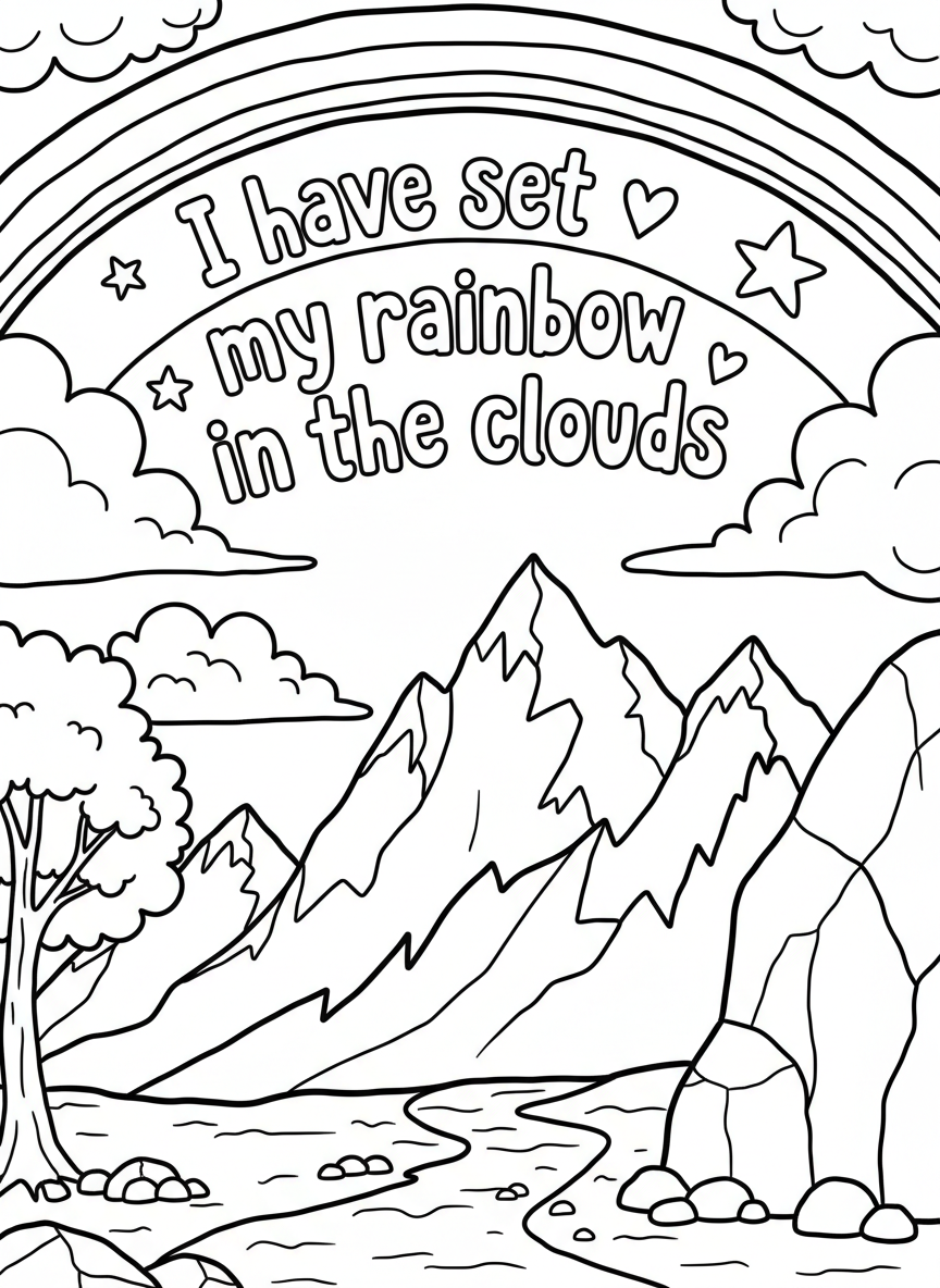 A rainbow arching over mountains with fluffy clouds, featuring 'I have set my rainbow in the clouds' in playful lettering.