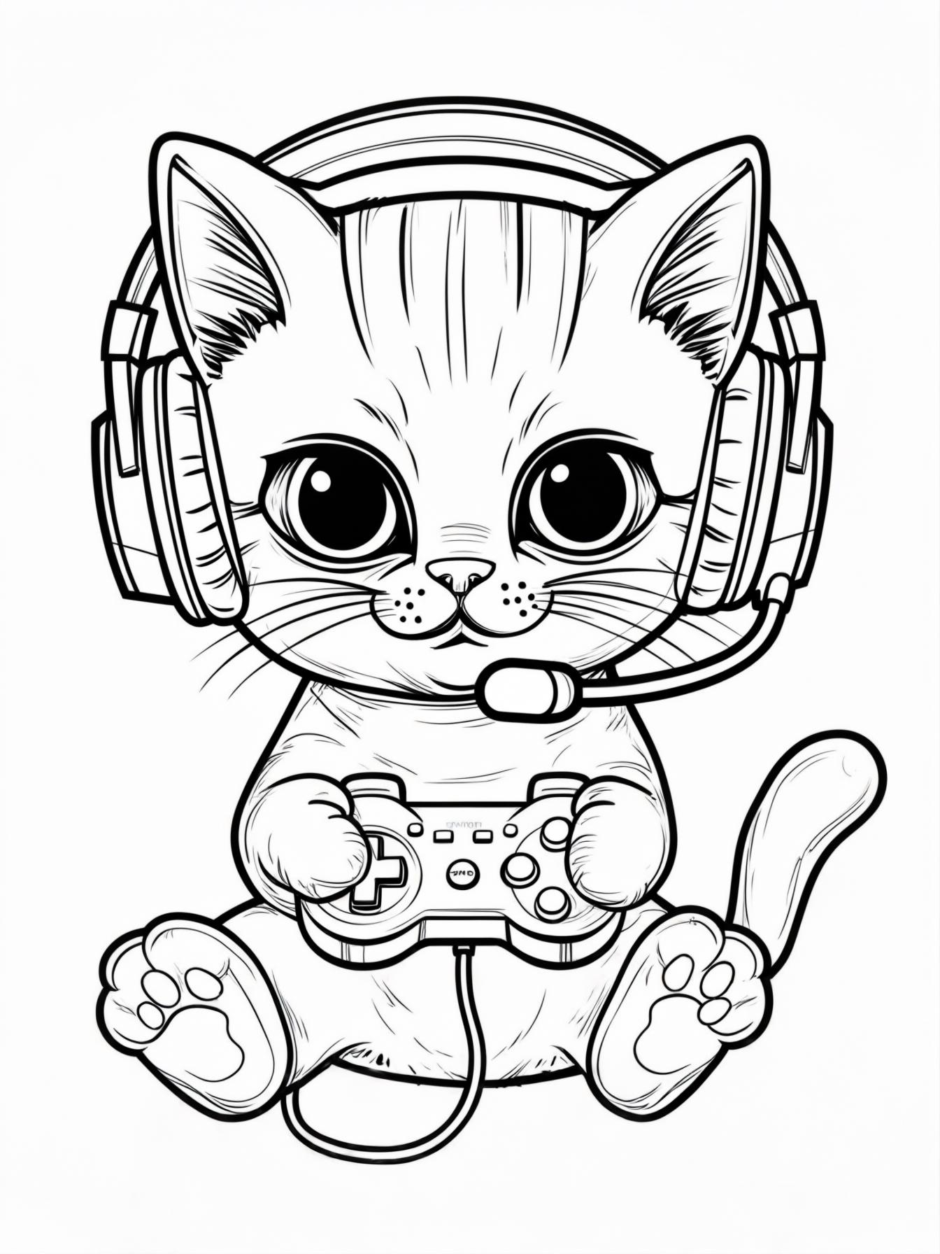 Gamer Cat: A cartoon cat wearing a large gaming headset with a microphone, holding a controller in its paws.