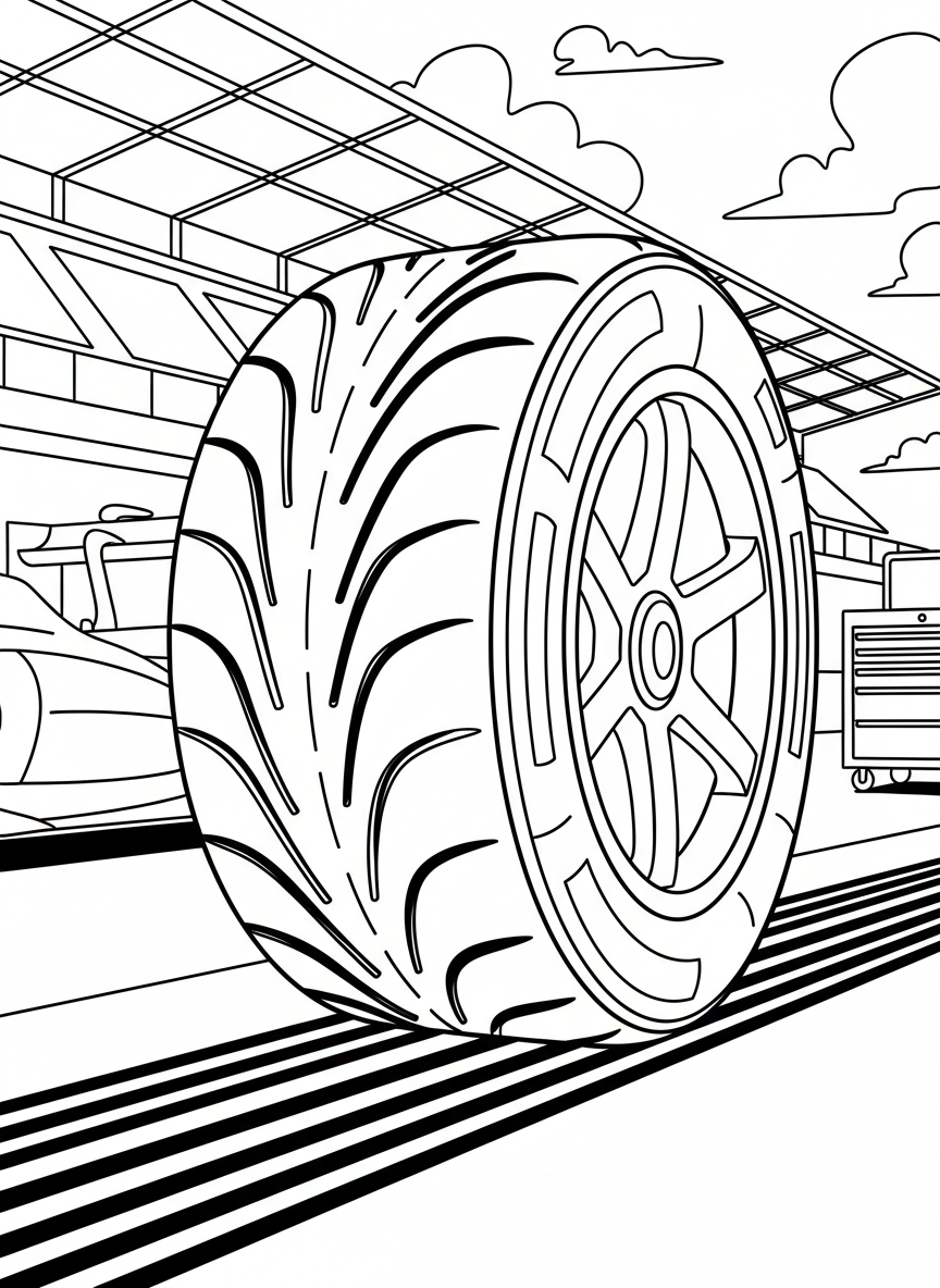 A Formula One tire with detailed tread patterns and rim design, shown as a single wheel ready for racing.