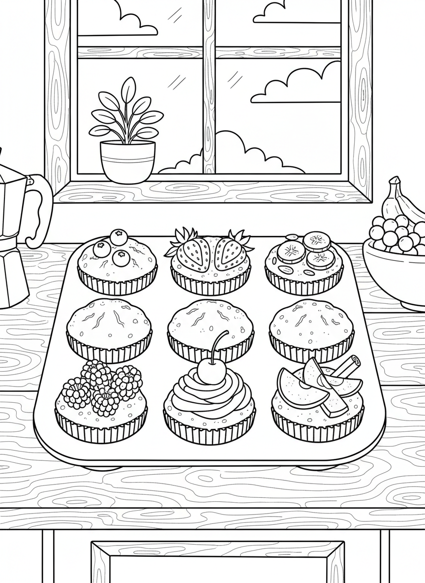 A muffin tin with six muffins, each topped with different fruits like blueberries, strawberries, and banana slices.