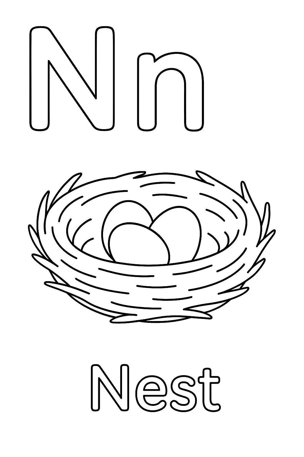 The uppercase letter “N” next to the lowercase letter “n”. With a nest image under the letters. Write out the object “Nest”.