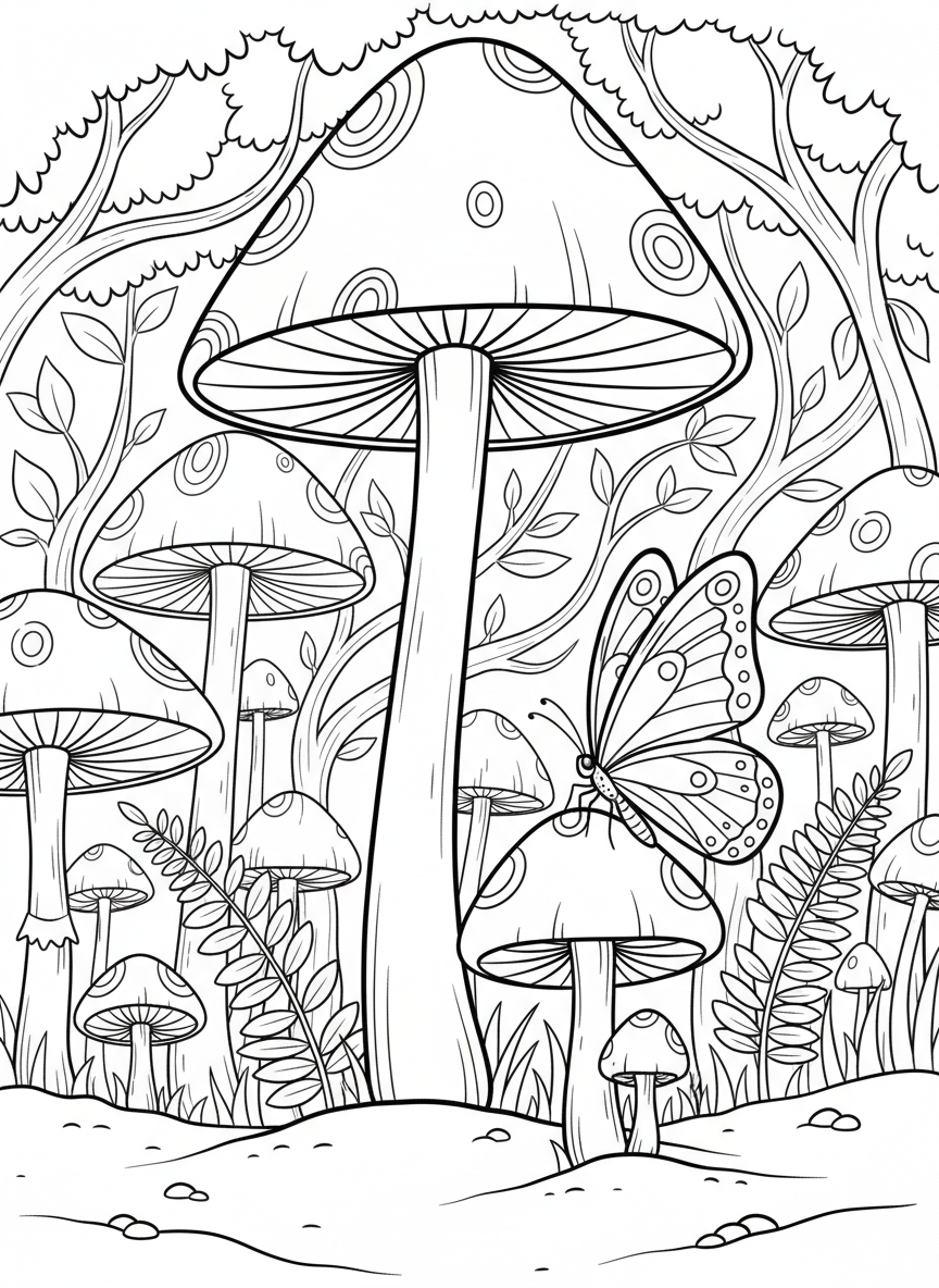 A tall, slender mushroom with a cone-shaped cap standing next to a butterfly, detailed line art for older kids.