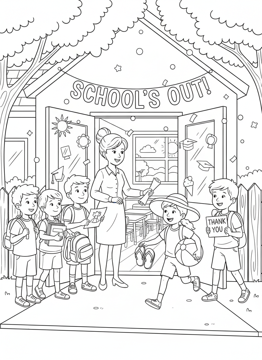 Last Day of School coloring page prompts capturing celebration, relief, nostalgia, and the start of summer freedom.	Teachers and students exchanging final goodbyes at the classroom door, mixed emotions of excitement and reminder filling the air.