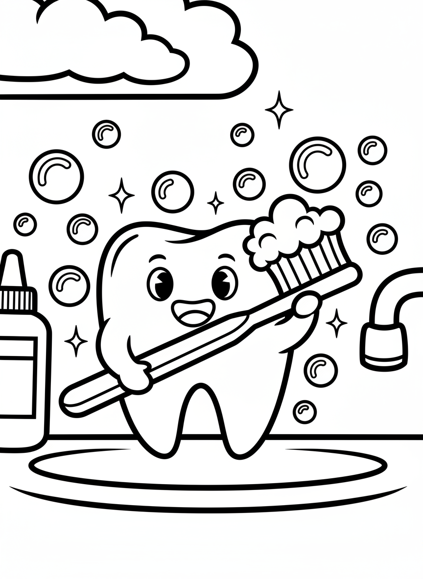 A happy tooth character brushing itself with a large toothbrush, surrounded by bubbles and sparkles