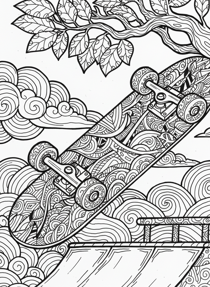 Close-up of skateboard wheels and deck with cool patterns and designs, perfect for detailed coloring and creativity.