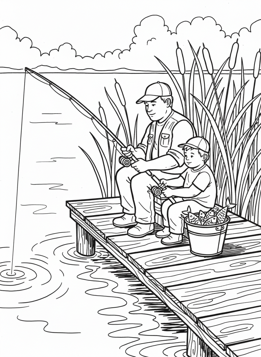 A father and child fishing together from a small wooden dock, with a bucket of fish beside them and cattails in the background