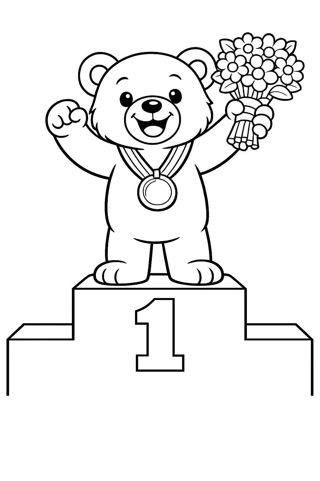 Gold Medal Moment: A smiling bear standing on the number 1 podium block, wearing a medal and holding a bouquet of flowers.