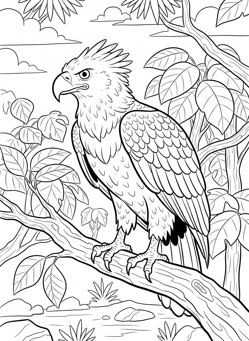 A harpy eagle perched majestically on a high branch, with powerful talons, sharp beak, and impressive feathered crest.