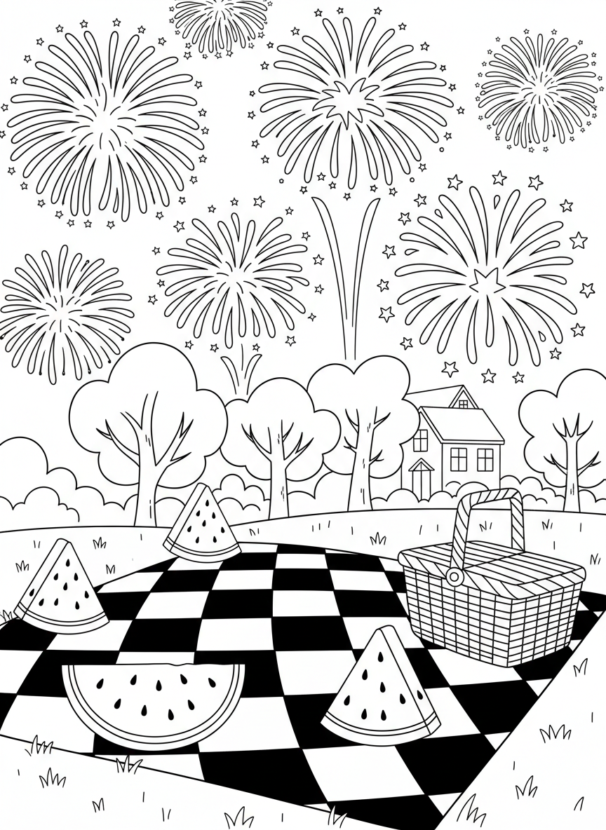 A festive Fourth of July picnic scene with a checkered blanket, watermelon slices, and fireworks bursting in the sky above.