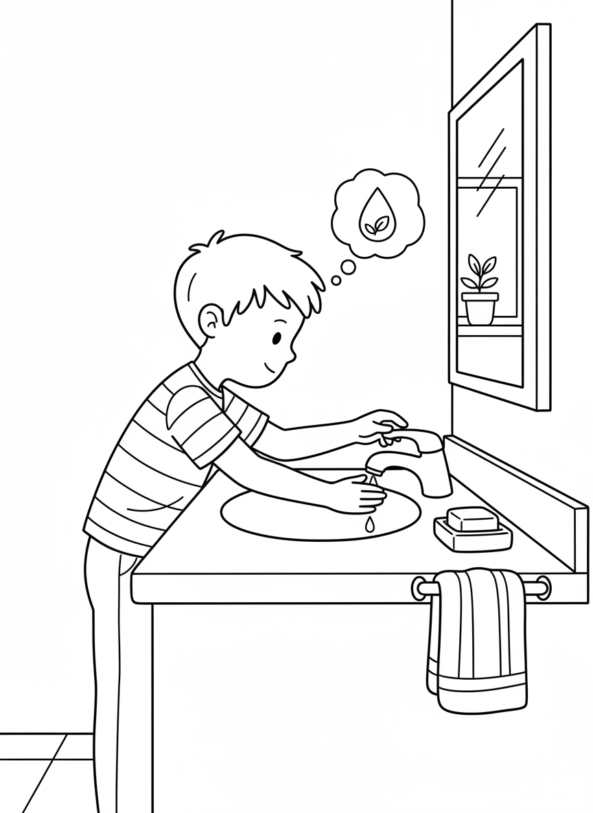 A boy closing a dripping faucet to save water, standing at a bathroom sink with soap and a towel nearby, simple conservation message.