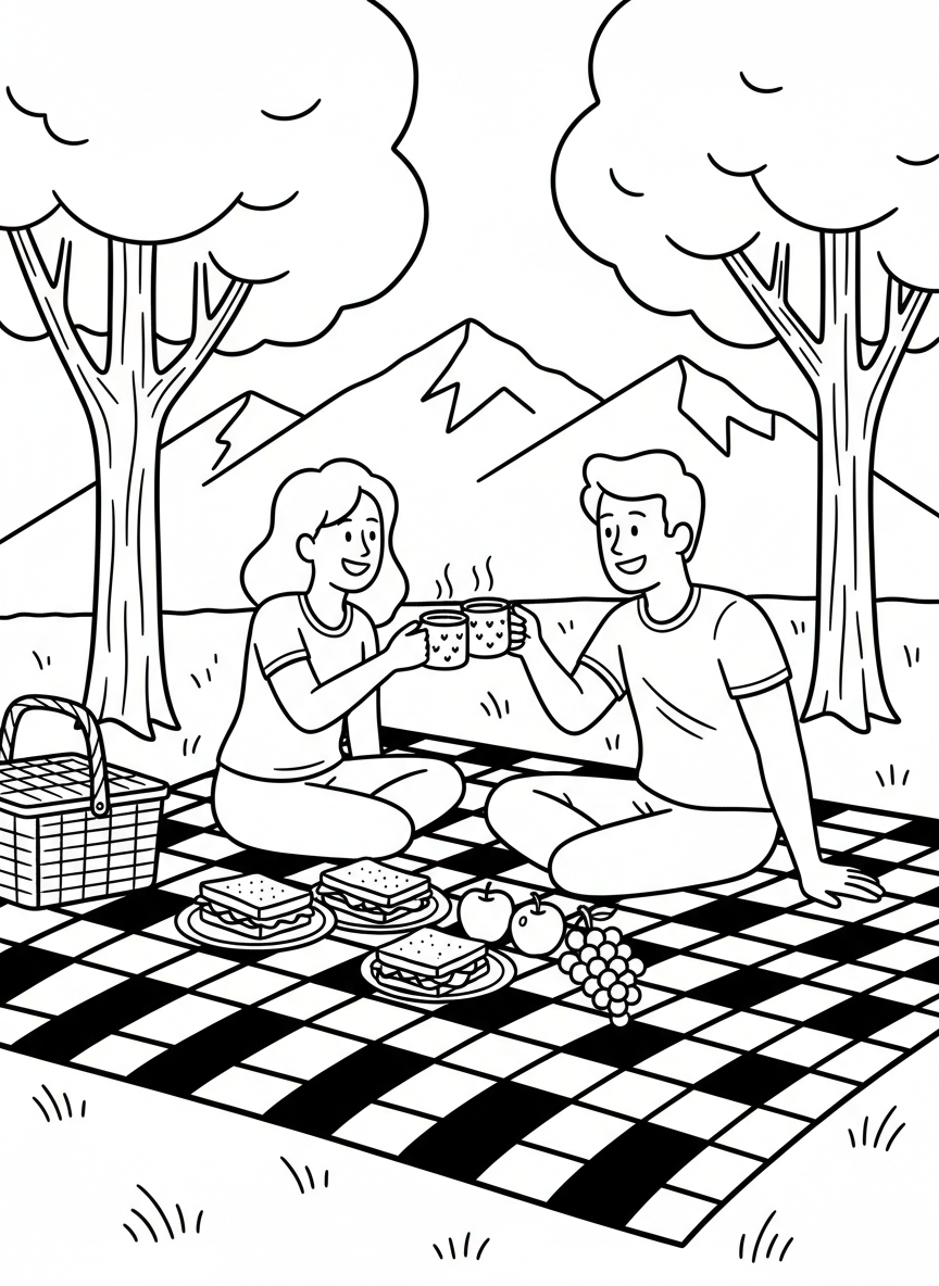 Campers toasting with cups during an outdoor picnic, with sandwiches and fruit spread on a checkered blanket.