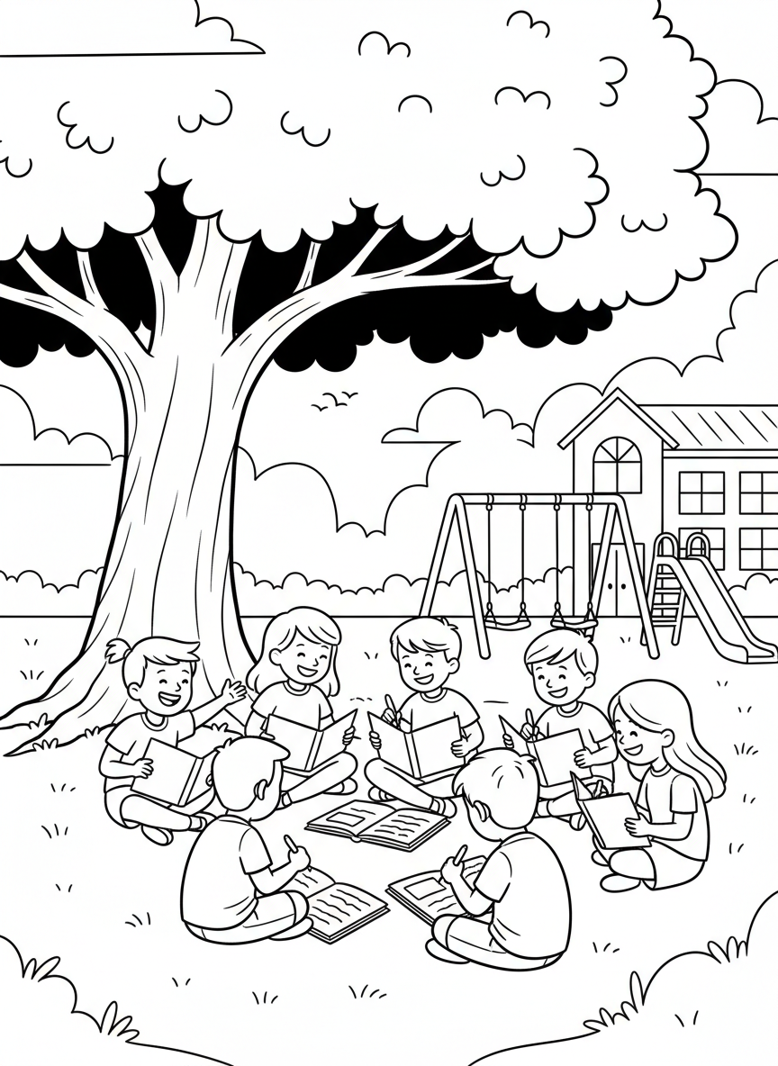 Children signing each other's yearbooks while sitting under a big tree on the school playground, friendly and cheerful scene